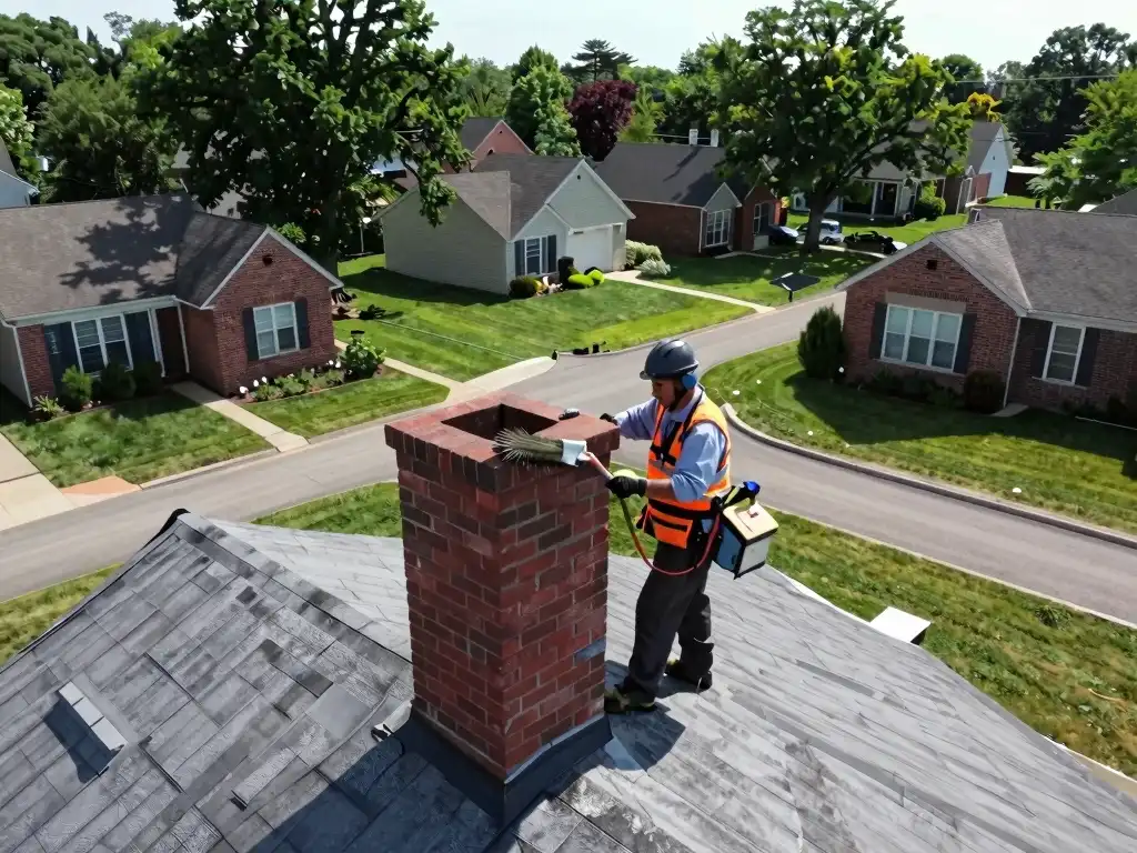 Top View of Chimney technician doing chimney Sweep in Kansas City