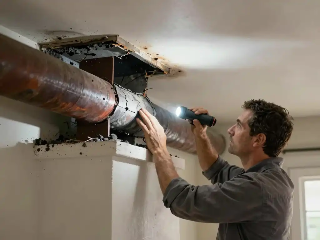 Chimney technician doing inspection on a Damage Chimney liner in a residential home in Kansa