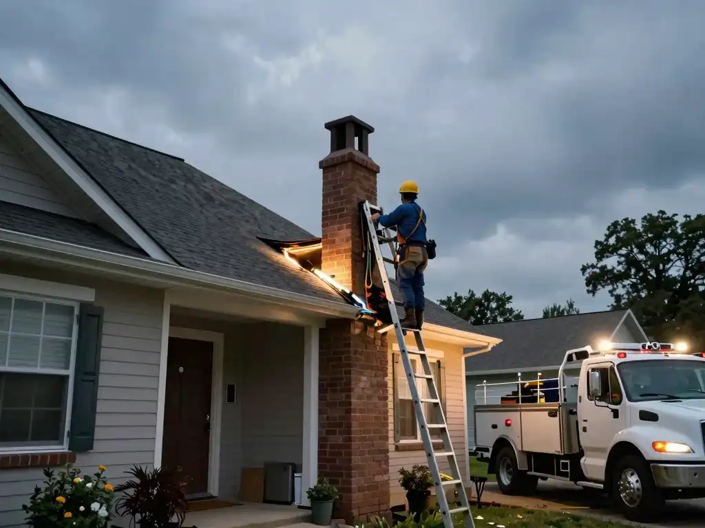 Chimney Technician working night in a emergency repair in Kansas City