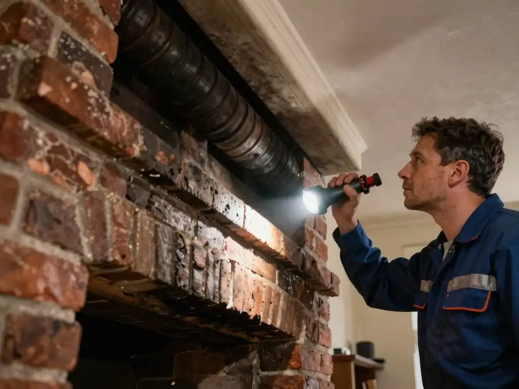 professional chimney technician doing fireplace inspection in Kansas City