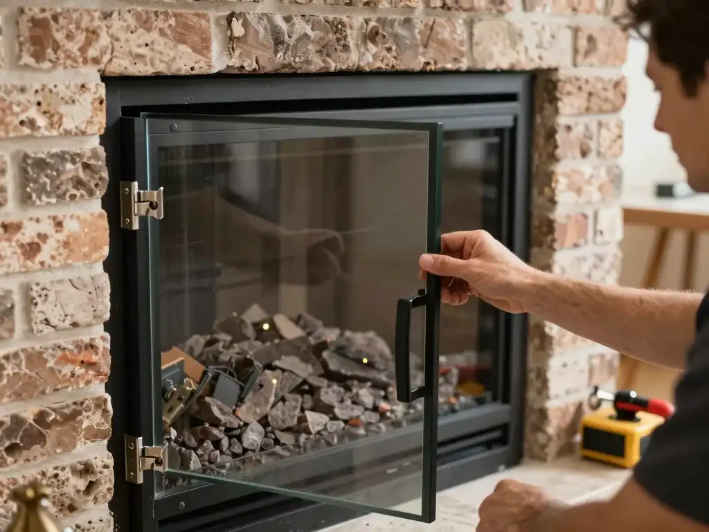 Fireplace glass doors and screens installation in Kansas City home