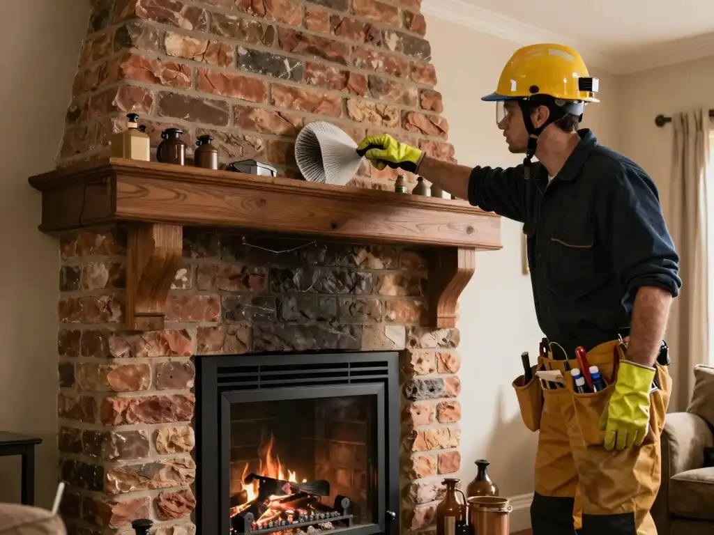 Chimney Technician doing chimney cleaning inside residential home in Kansas