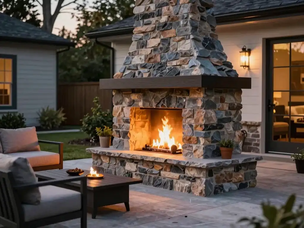 Outdoor fireplace installation in Kansas City backyard patio